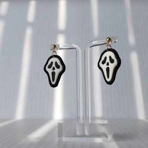 Ghostface black white Polymer clay earrings handmade Lightweight 1.5"